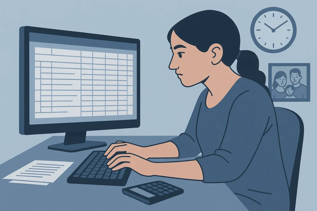 Woman focused on typing and entering data on a home computer, suitable for simple work-from-home data entry jobs for Indian women.