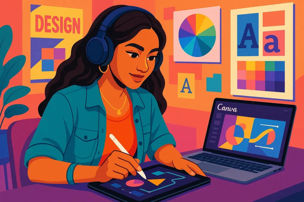 Creative Indian woman designing graphics on a tablet and laptop from home, ideal for freelance graphic design jobs for women in India.