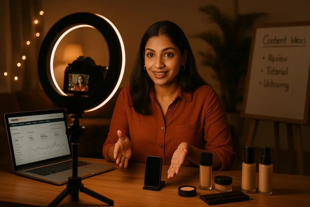 Indian woman filming a product review and using affiliate marketing tools on a laptop, perfect for passive income work-from-home opportunities.