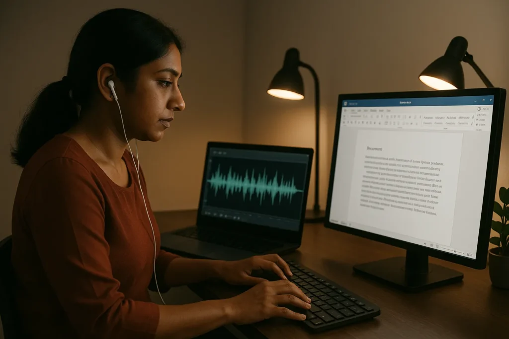Indian woman using headphones to transcribe audio files into text, showing accurate and quiet work-from-home transcription jobs for women.