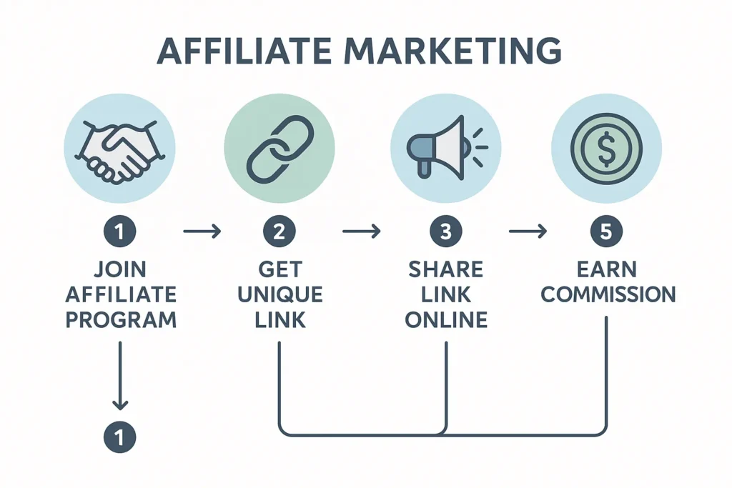 Flowchart showing steps from joining an affiliate program to earning commissions with icons and arrows in a clean layout.